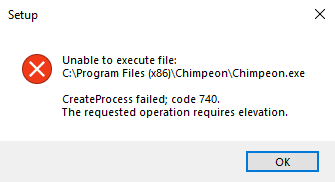 CreateProcess Failed error window