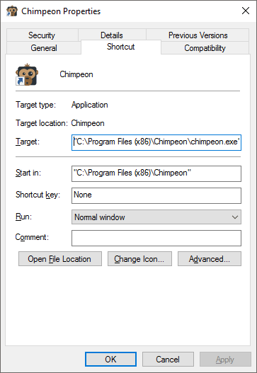 Chimpeon Properties window (Shortcut tab) (Windows 10) image