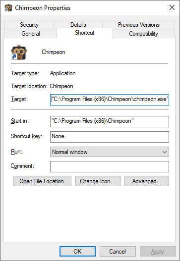 Chimpeon Properties window